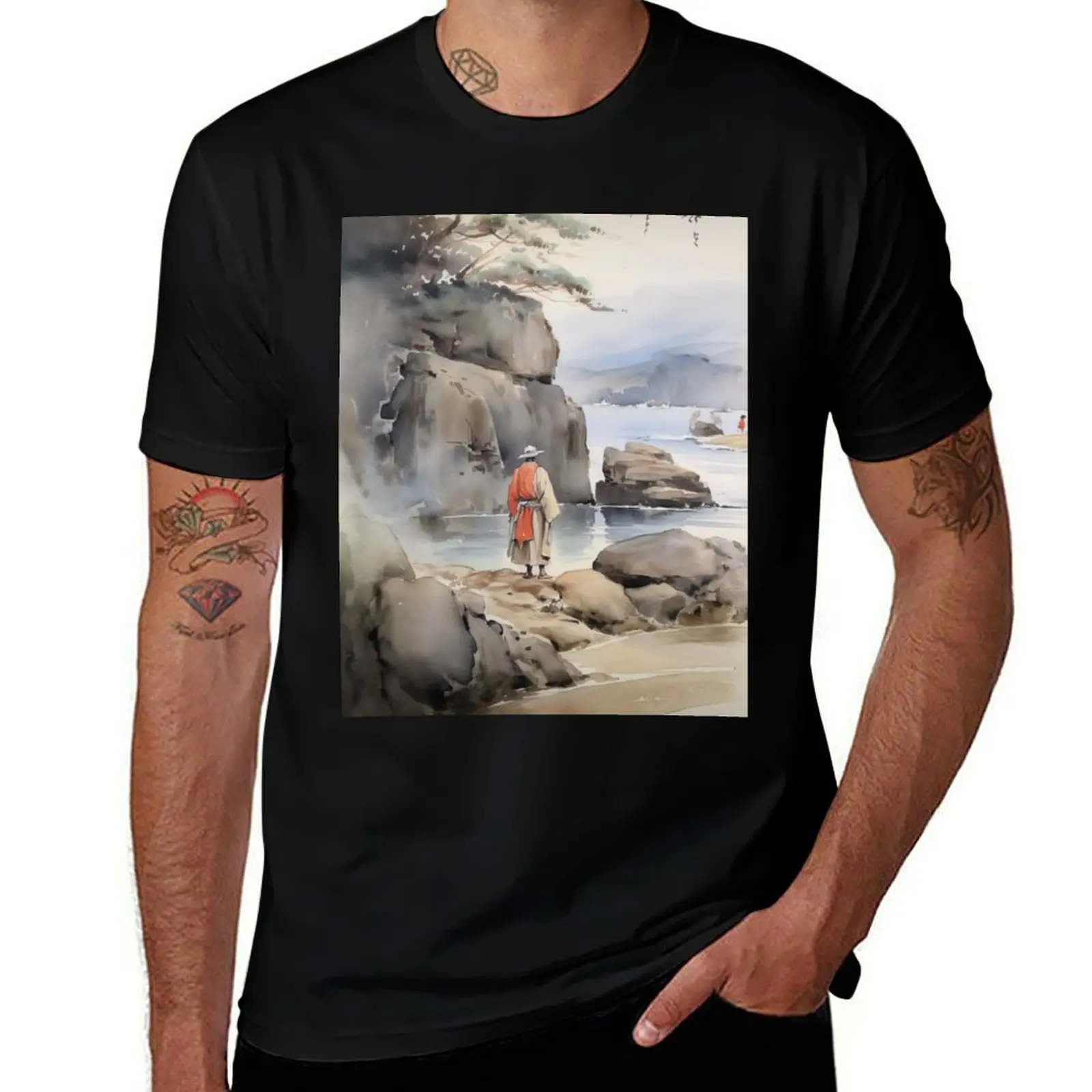 

Man on the Coast, peaceful nature walk watercolor T-Shirt anime figures vintage clothes oversized t shirts for men