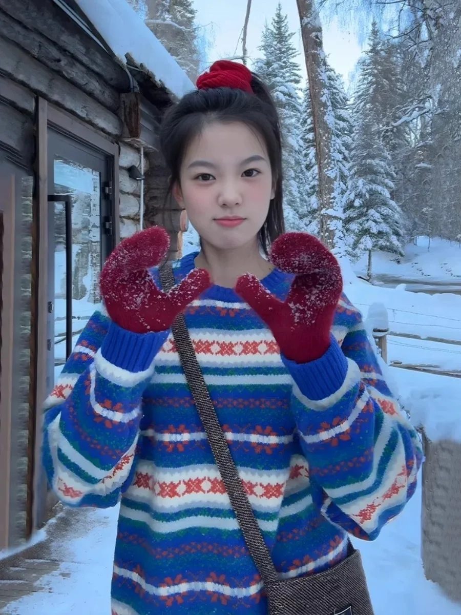 الرجعية الكورية Sle المرأة فضفاضة تناسب Thiened سترة ناعمة جزيرة الأزرق محبوك أعلى لخريف وشتاء الدفء المريح