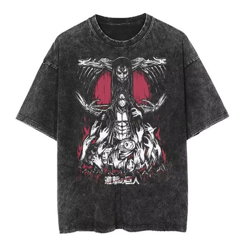 Verano BANDAI nuevo ataque japonés dibujos animados gigantes Anime de gran tamaño High Street Vintage lavado viejo Camiseta de manga corta