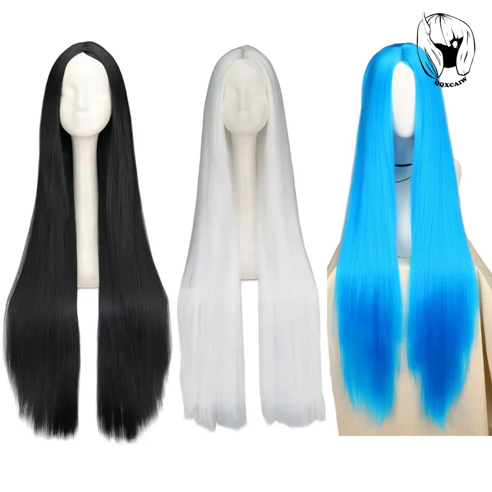

Длинные парики 100 см/40 дюймов, черный, белый, синий, серебристый парик, синтетический термостойкий карнавальный костюм на Хэллоуин, прямые волосы для косплея