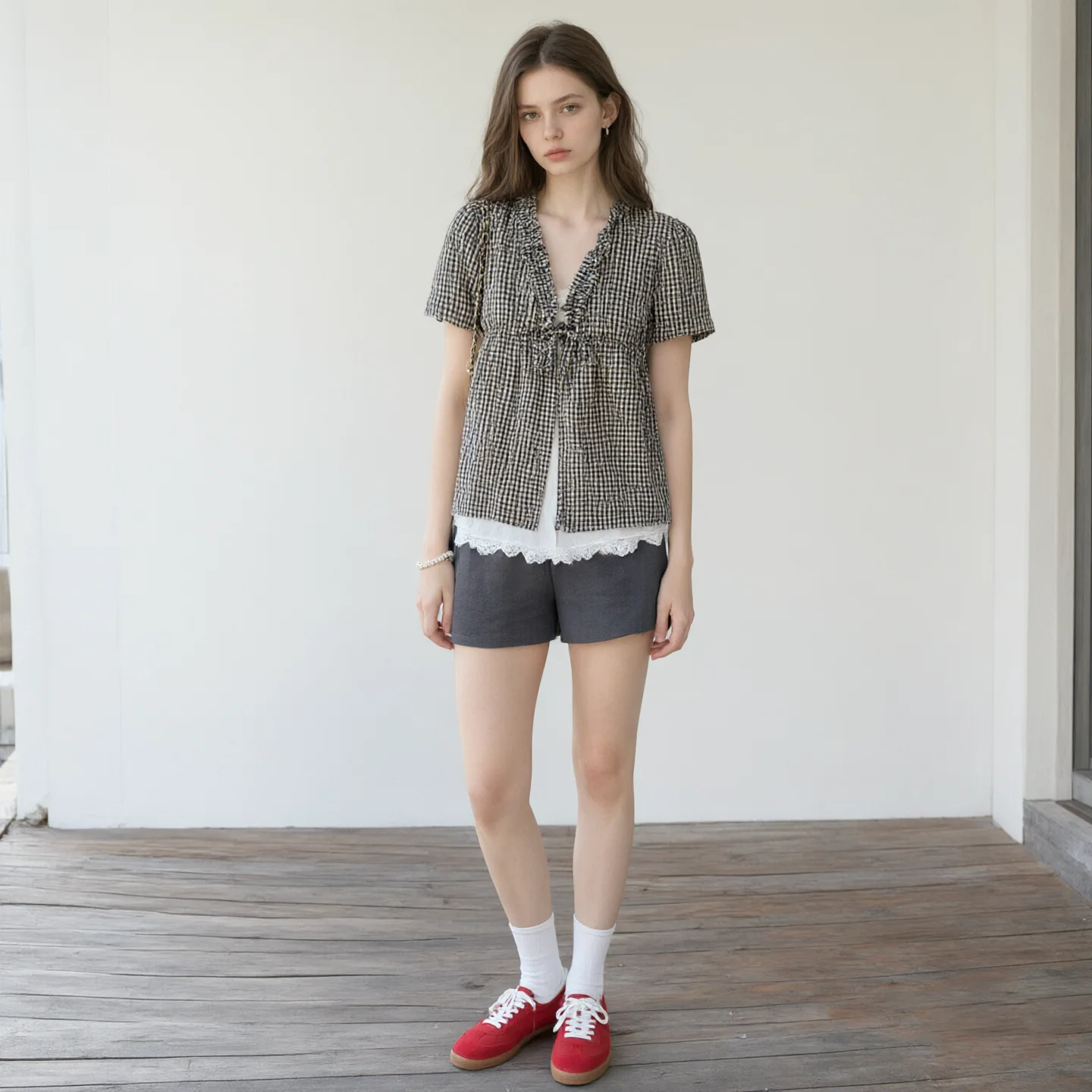 Women Trendy Plaid Short Sleeve Blouse Lace Trim V Neck Street Style Checkered Tops Casual Loose Fit Summer Fashion korean Shirt