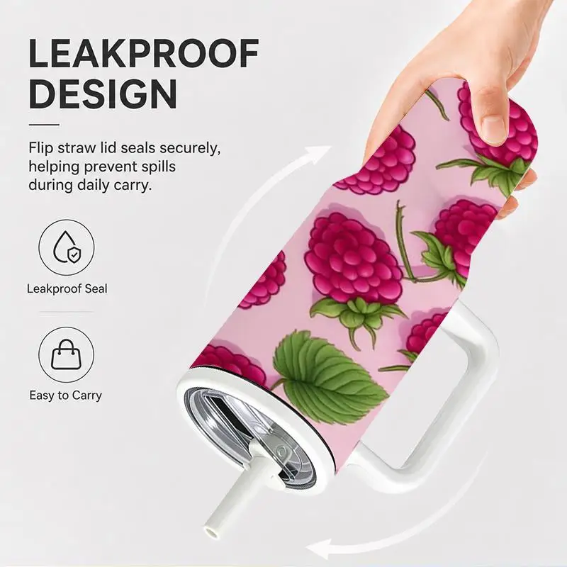 1pc 40oz 304 Stainless Steel Hand-held Cup Pink Raspberry Fruit Pattern Insulated Tumbler with Handle And Straw for Kitchen Office Outdoor Travel Suitable Gifts for Halloween Christmas And Other Special Festivals