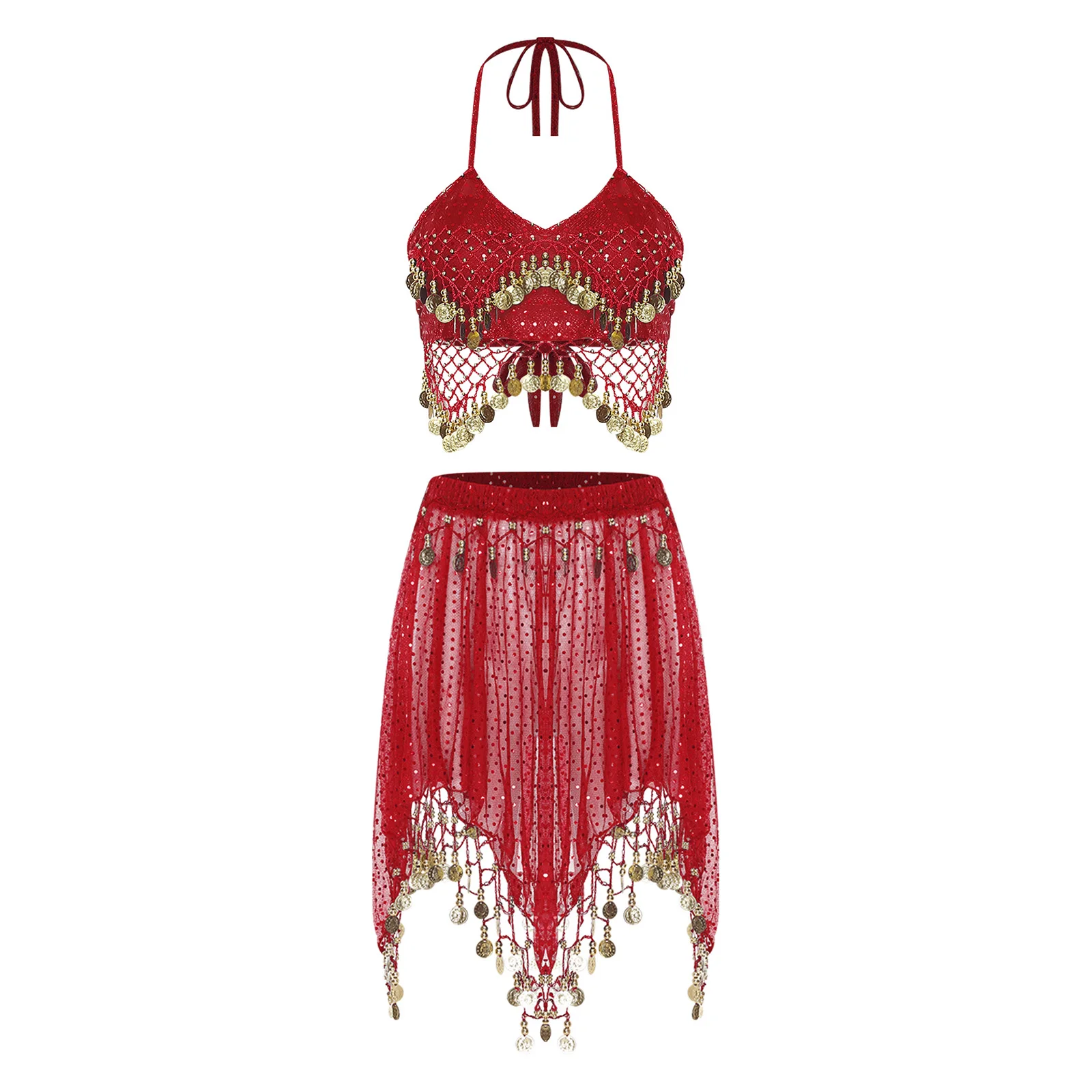 Womens Belly Dance Outfits Tassel Sequined Crop Top with Irregular Hem Skirt for Cultural Festival Dance Performance Costume