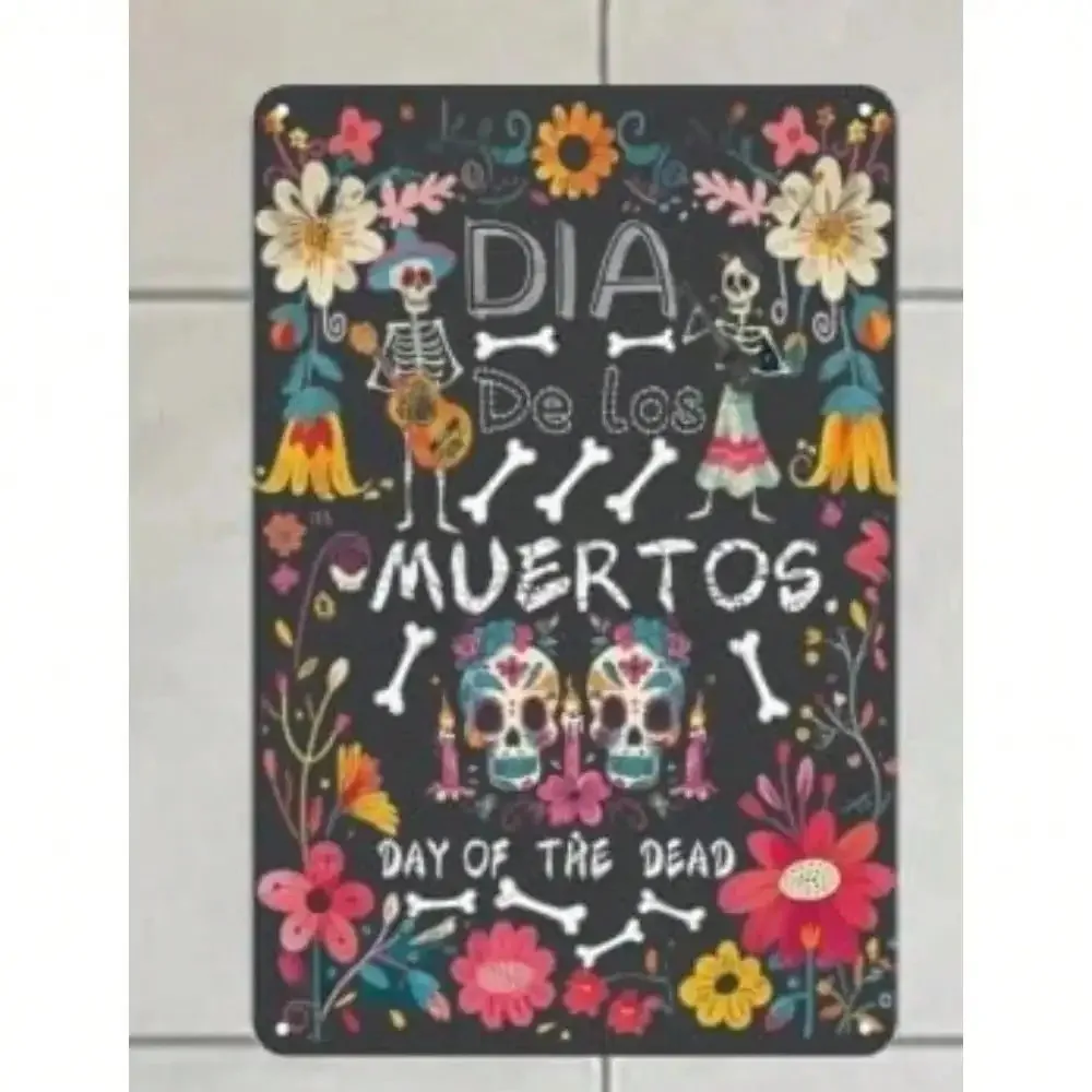 

Mexican Tin Sign for Wall Decor - Dia De Los Muertos Skull Art Metal Sign for Home Bar Cafe