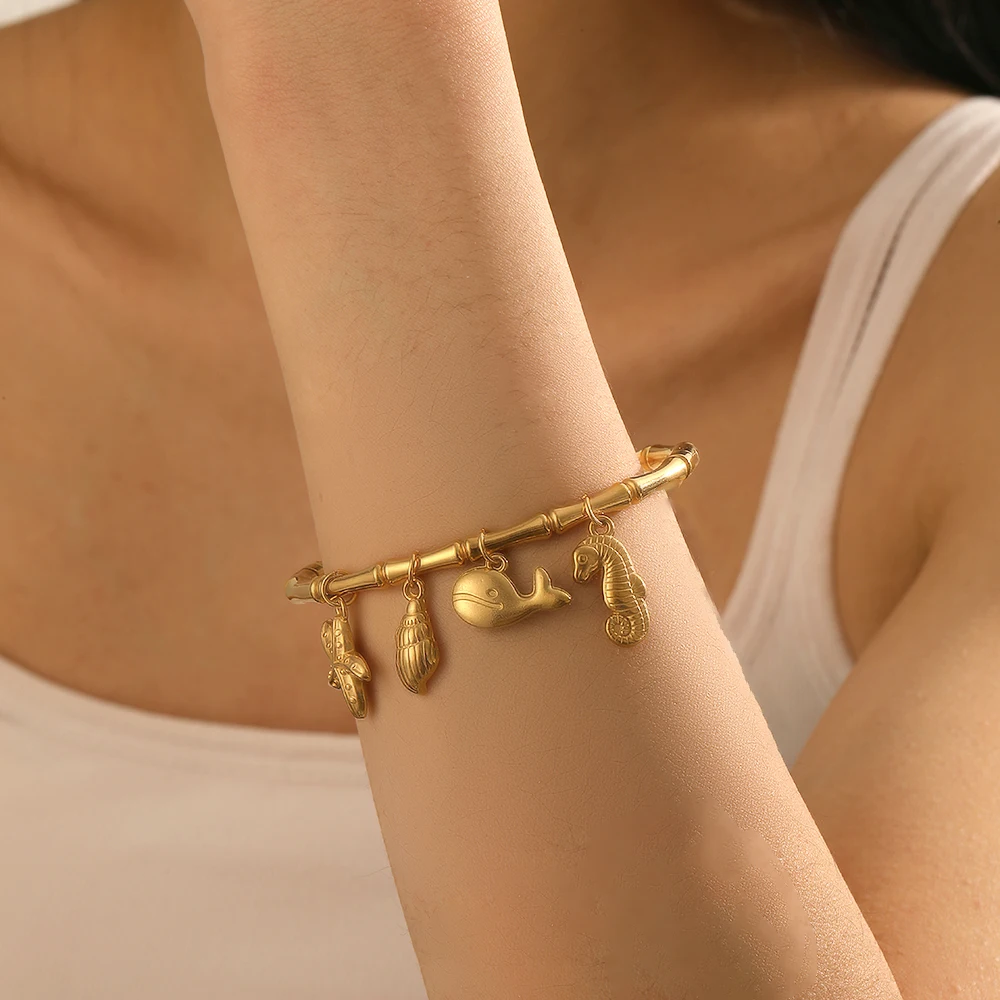 DIEYURO 316L Acero inoxidable Concha de delfín colgante de concha brazalete de bambú para mujer cadena de muñeca clásica regalo de joyería impermeable