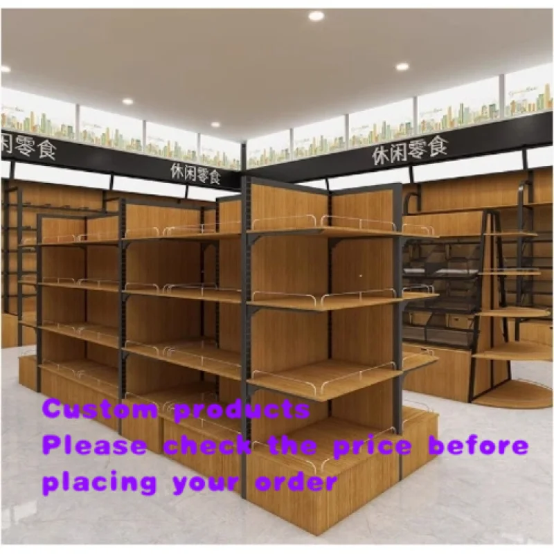 

custom.Metal and Wood Light Duty Supermarket Shelves with Guardrail Grocery and Pet Merchandise Display