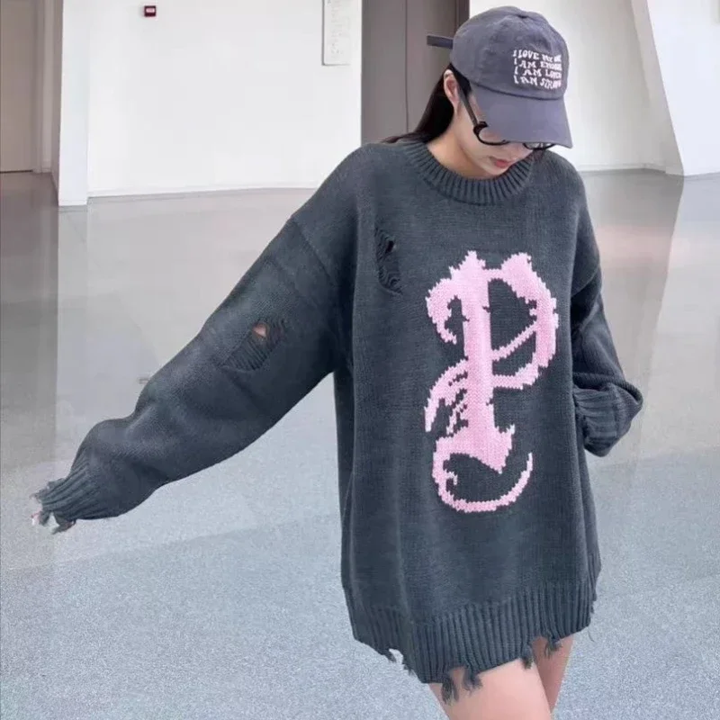 سترات نسائية محبوكة عتيقة بلوفرات دافئة مترهل فضفاضة برقبة مستديرة مطبوعة شعبية كل مباراة مريحة كلاسيكية Ulzzang