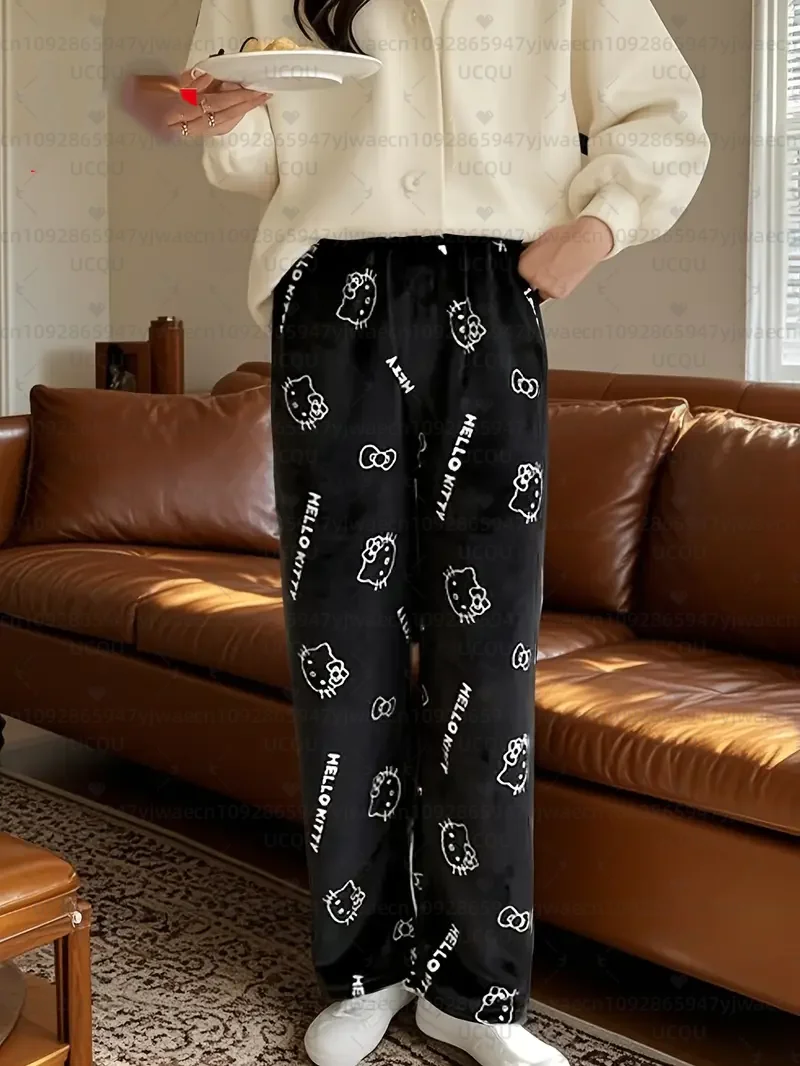 Pantaloni da pigiama lunghi accoglienti invernali da donna Stampa simpatico cartone animato Pigiama caldo Hello Kitty Pantaloni di flanella carini Autunno/Inverno