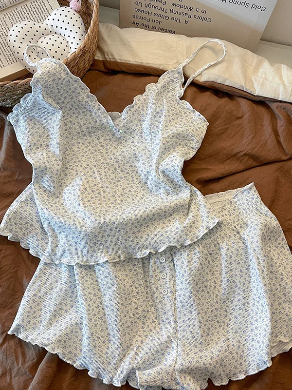 Korean Style Floral Print Chemise Nightgown Set Women's Summer Casual Shorts Home Clothes Two-Piece Suit Straight Leg Fit