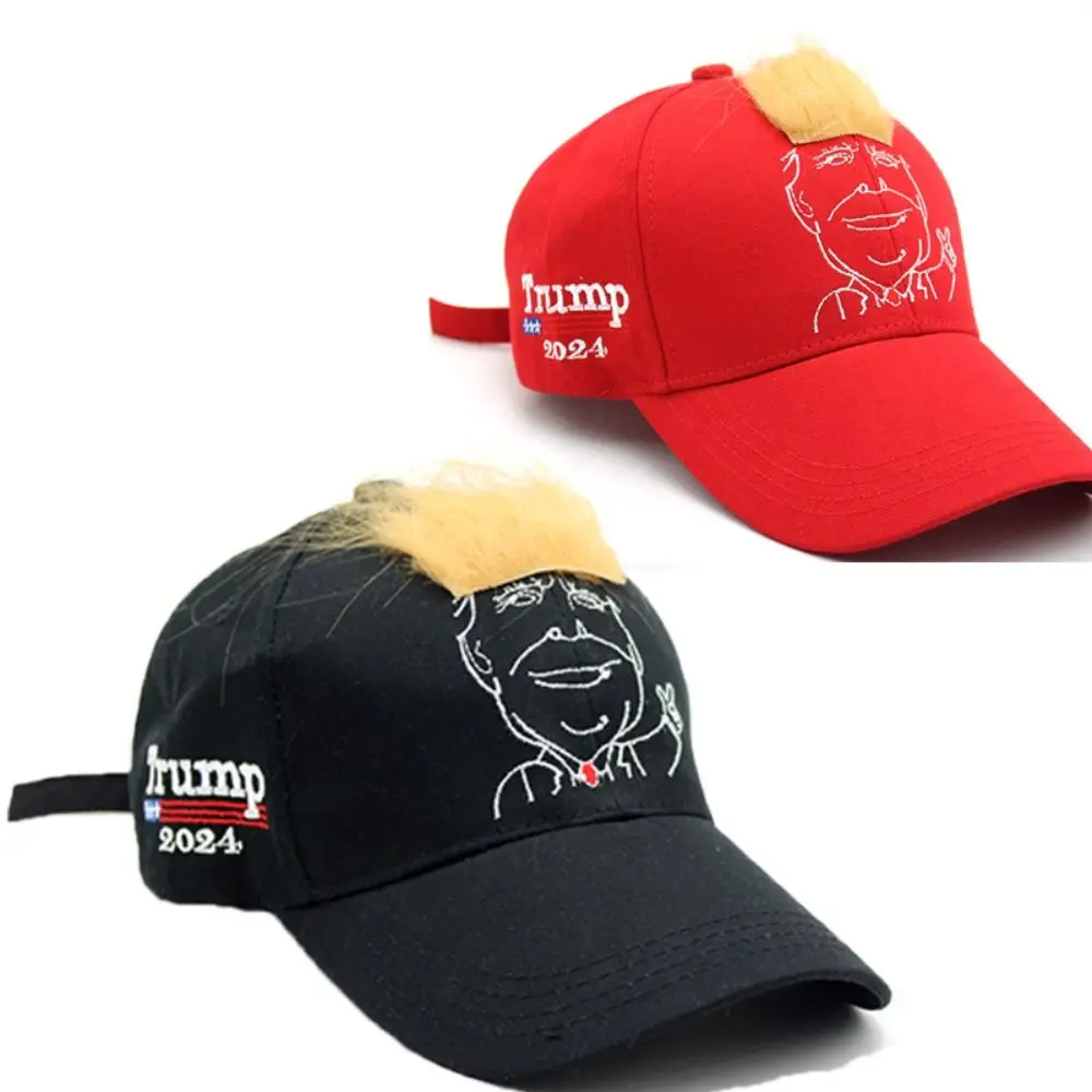 2024 MAGA Donald Trump Hat with Hair Adjustable Trump Supporters Hat Sunscreen Cotton Trump 2024 Caps Sports