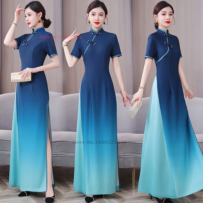 

2026 chinese traditional dress stage performance qipao dress vintage gradient color cheongsam oriental banquet evening dress