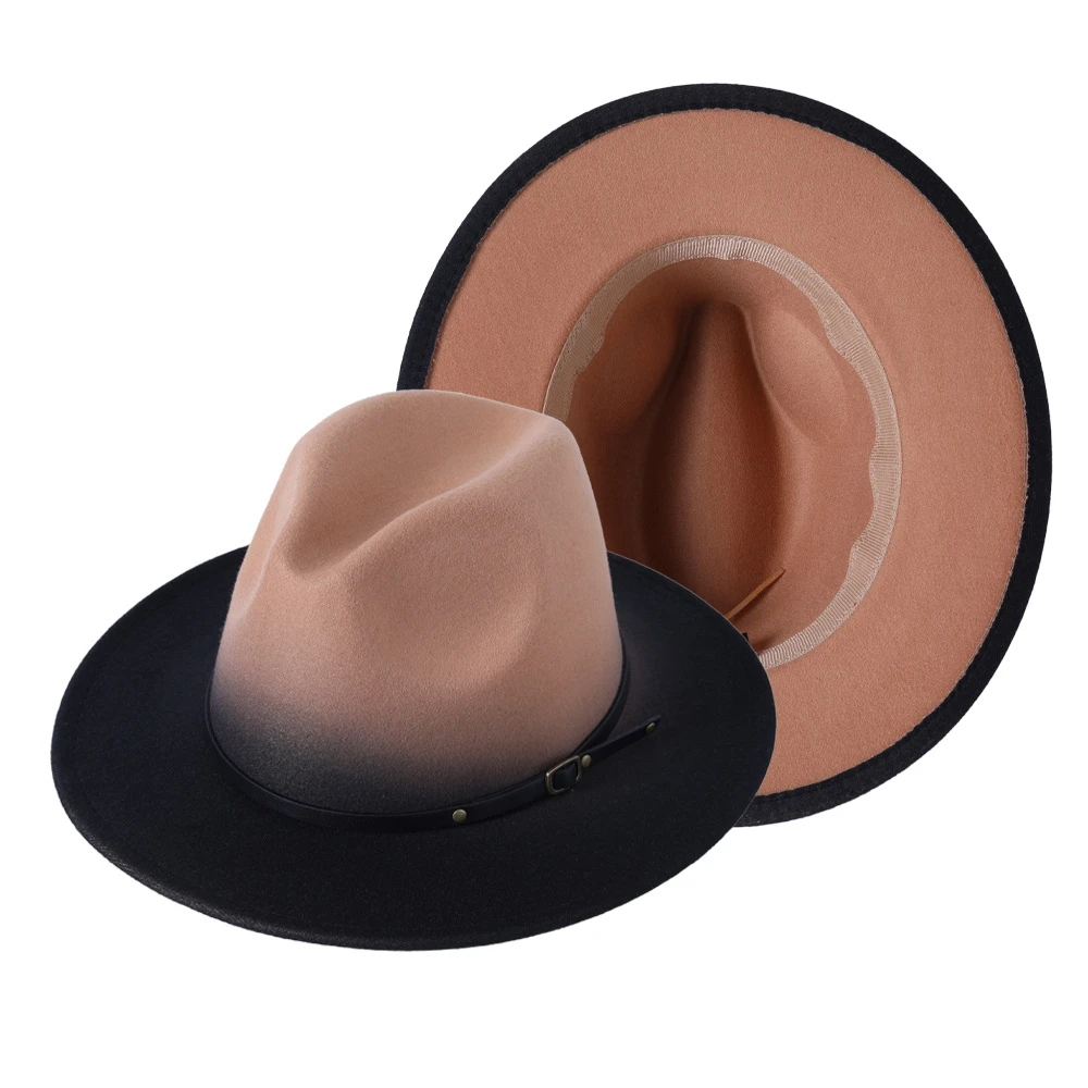 Unisex Fedora Hat Autumn Winter Wide brimmed color blocked spray dyed gradient Jazz hat 7cm brim