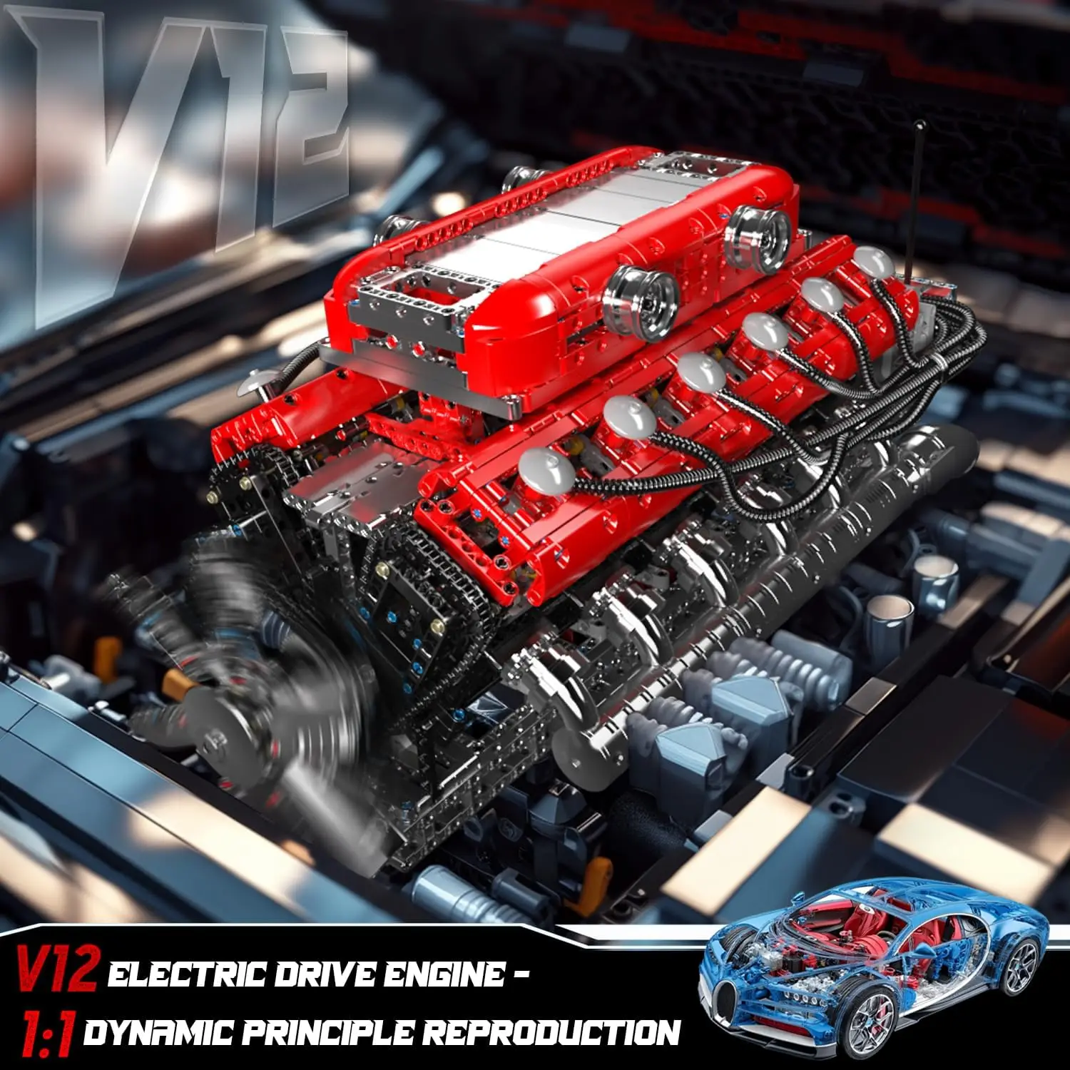 ชุดโมเดลเครื่องยนต์ V12 ที่ทำงานได้ - ชุดบล็อกเครื่องยนต์ขนาดเล็กแบบใช้มอเตอร์พร้อมแบตเตอรี่และเกียร์, ของเล่นก่อสร้างรถยนต์ STEM