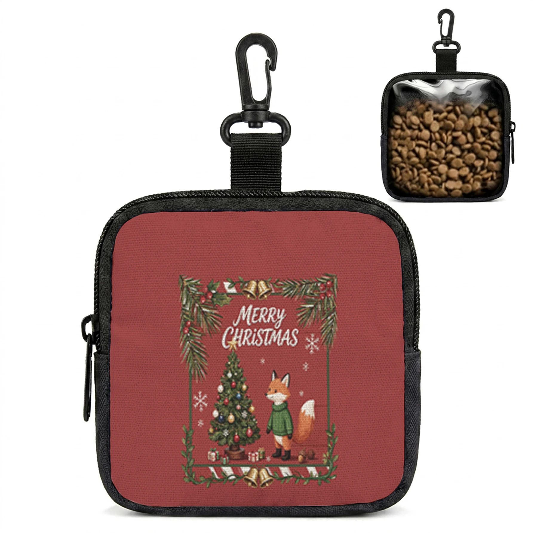 Merry Christmas Fox Christmas Tree Print Pet Treat Bag Mini Zipper Pouch With Carabiner, Portable Dog Snack Pouch