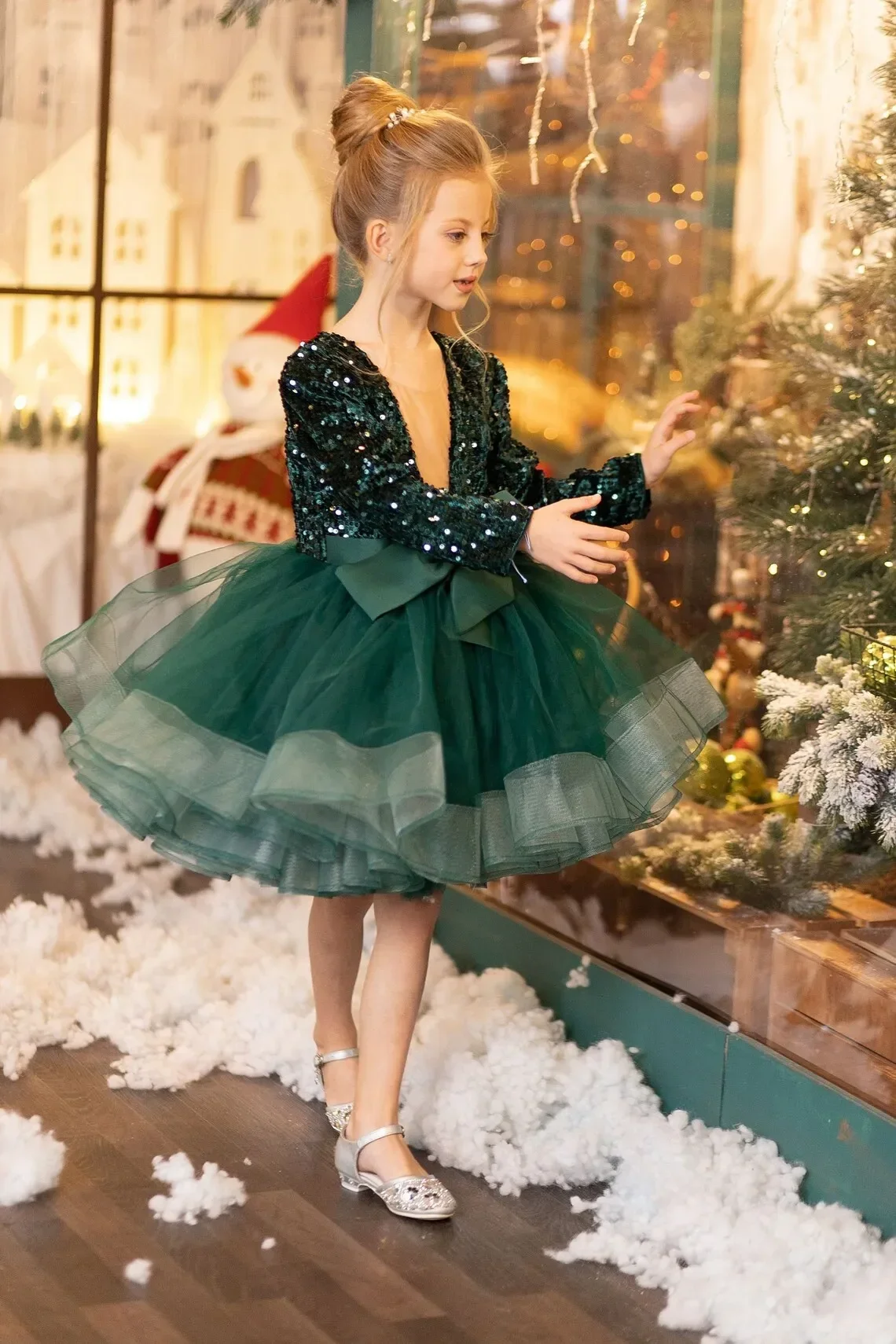 Emerald Green Pageant Christmas Dress Full Sleeve Sequin Flower Girl Dresses Bow Tulle Party Toddler Kids Birthday Tutu Dresses