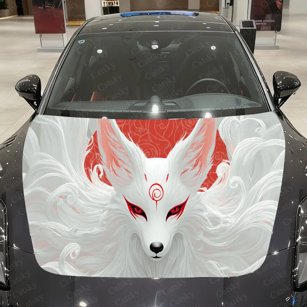 

Виниловая пленка для автомобиля с японским облачным узором и изображением белой лисы, водонепроницаемая наклейка на капот из ПВХ, самоклеящиеся устойчивые к царапинам наклейки