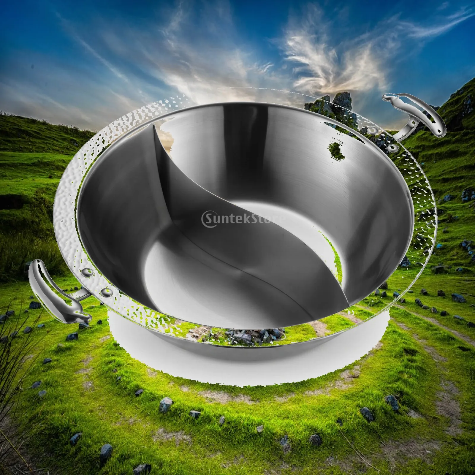Dual Compartment Cookware 304 Stainless Steel Hot Pot Two Section Broth Pan with Cooking Pot Side Handle for Induction and Gas