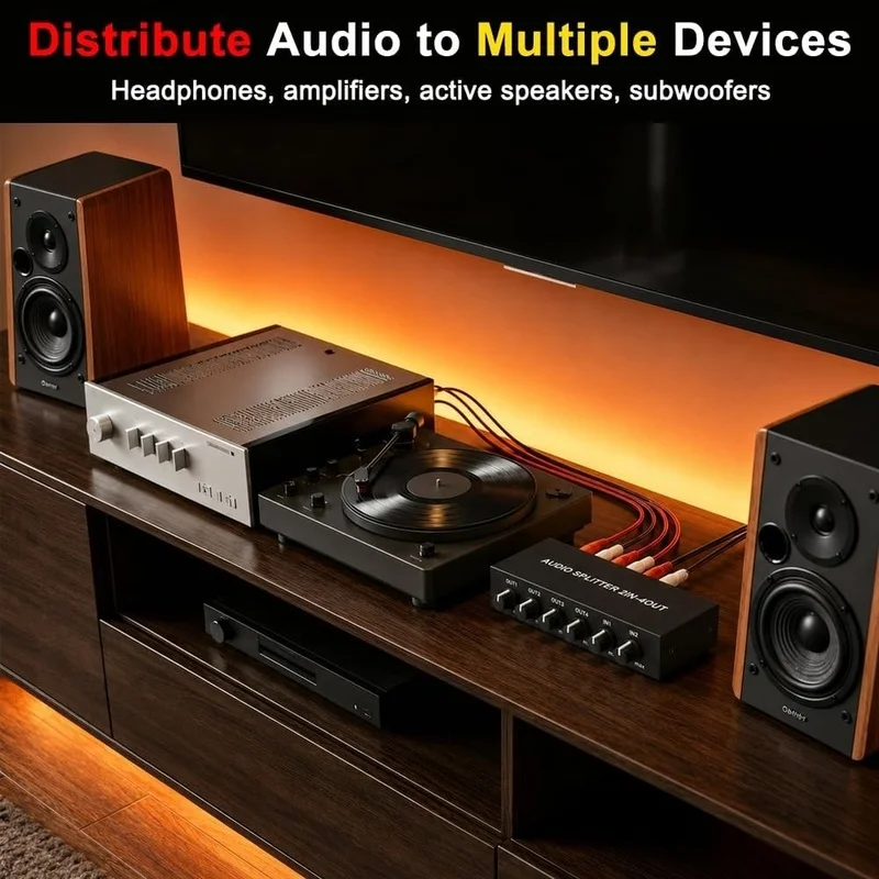 DT21 2 in 4 Out RCA Audio Splitter Stereo Line Level Distributor Mixer, for Independent Volume Control Metal Box for Home