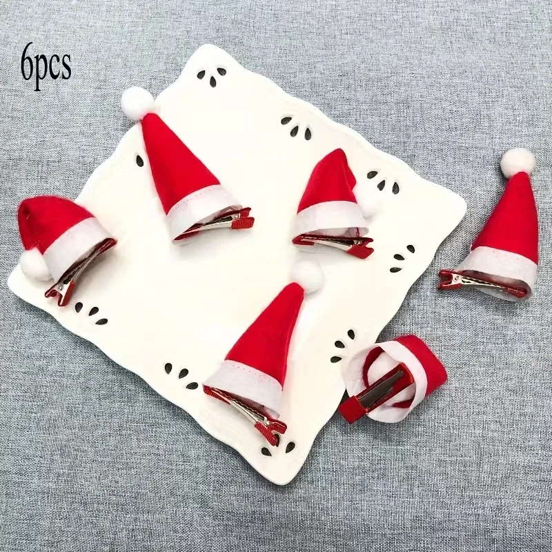 6 دبابيس شعر صغيرة على شكل قبعة سانتا كلوز لموسم العطلة، دبابيس شعر بحافة قطيفة ثلاثية الأبعاد، إكسسوارات شعر عيد الميلاد الخالية من الريش