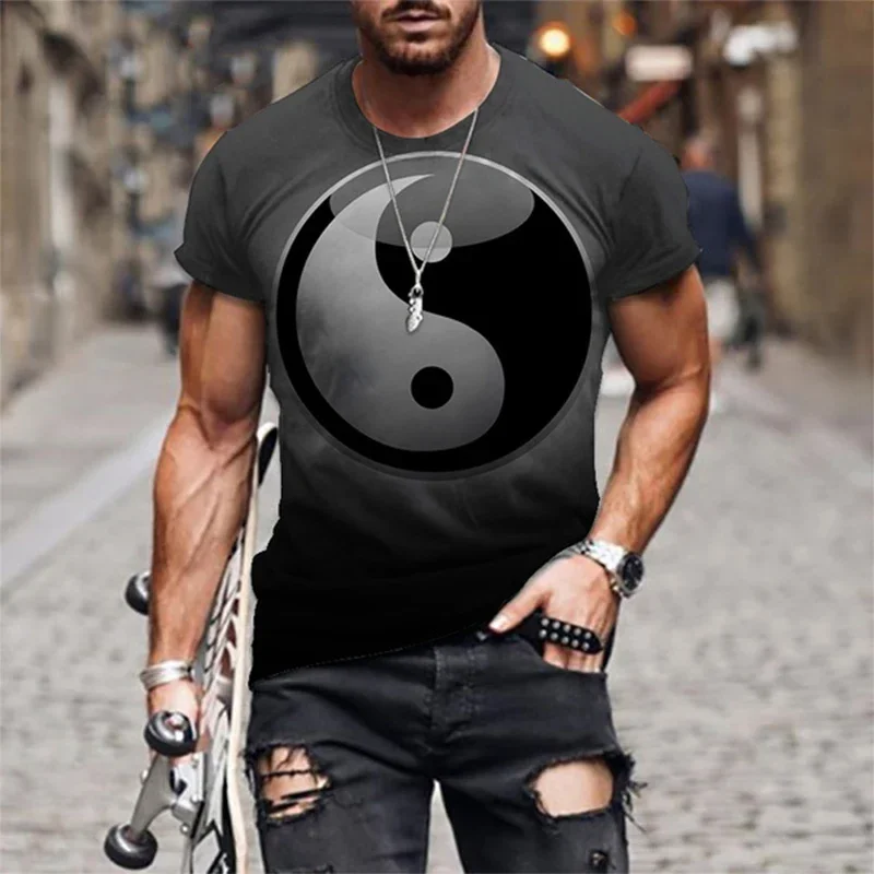 3D Tai Chi Yin Yang Printed Men\'s T-shirt, Street Fashion Personality, Interesting Vintage Summer Round Neck Plus Shirt