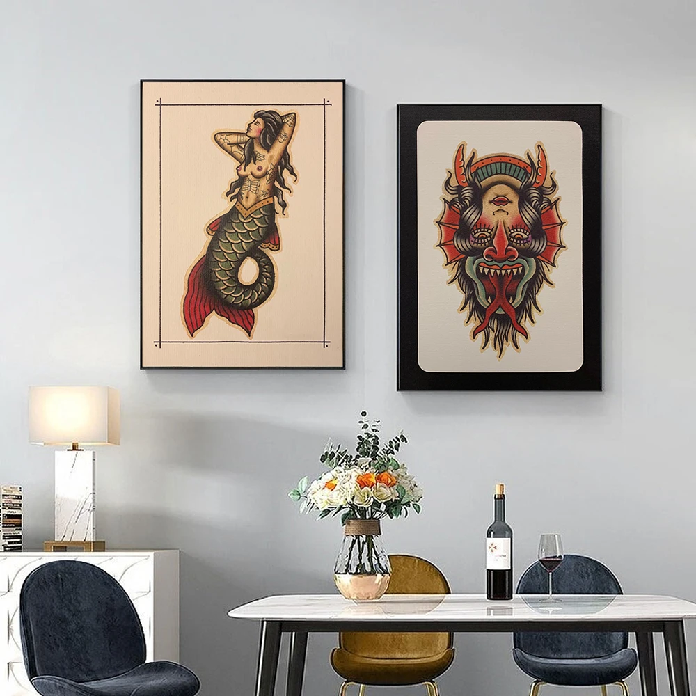 Traditional Demon Girl Poster Death Head Moth Tattoo Canvas Painting Wall Art Pictures For Living Room Interior Home Decor