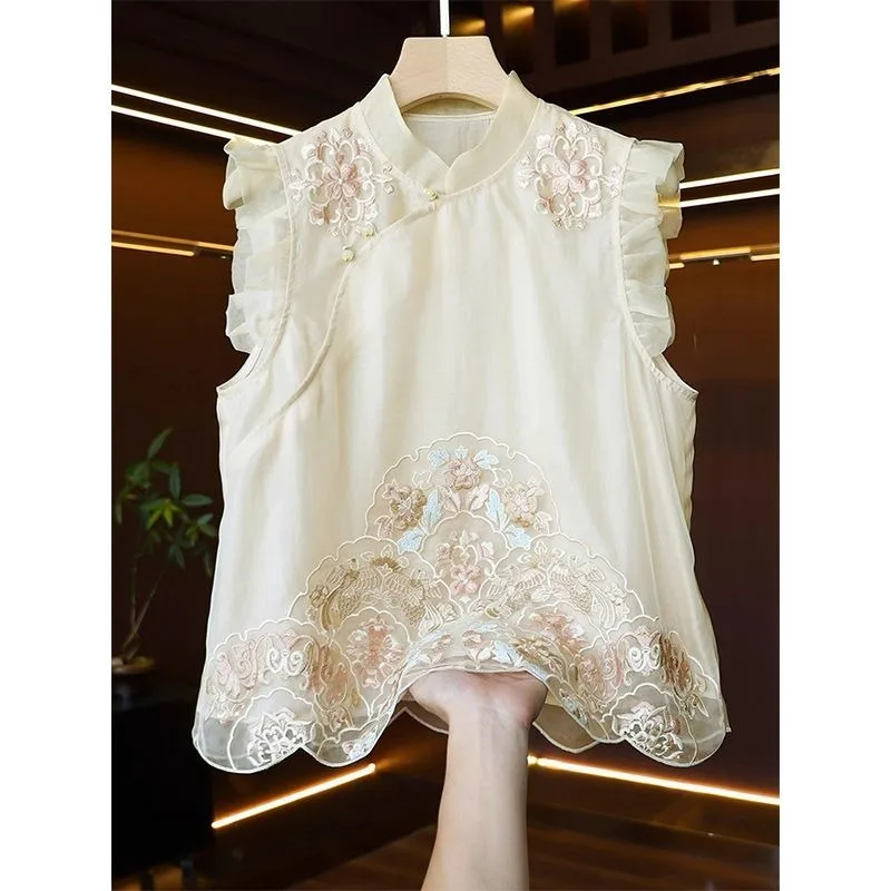 

Элитный Жилет из Искусственного Шелка Органдел с Тяжелой Вышивкой в Новом Китайском Стиле, Женский Топ без Рукавов с Оборками, Модный, Индивидуальный, Новинка 2026