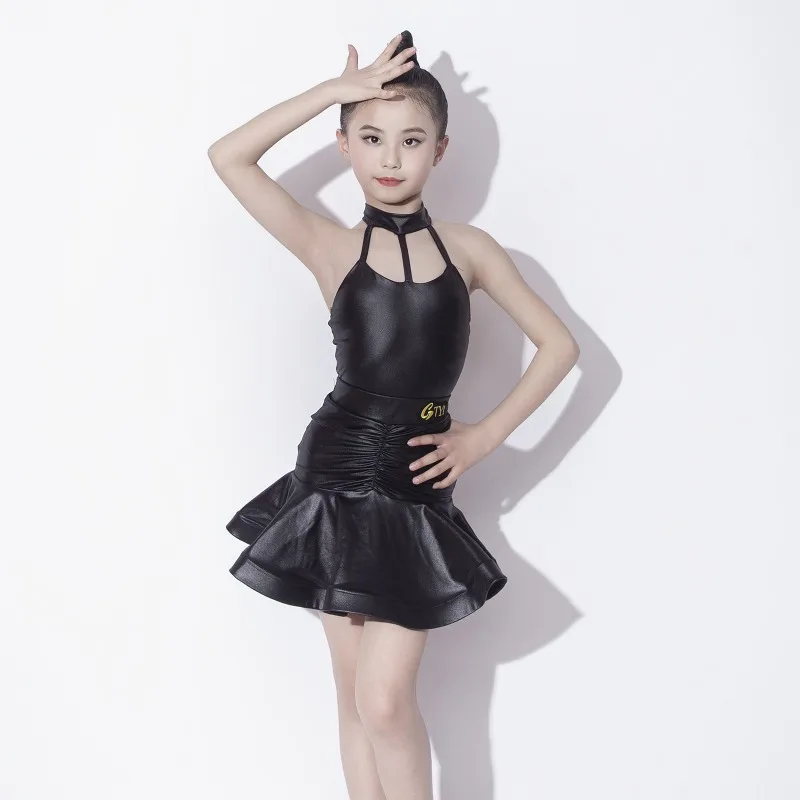 2024 New Leather Strap Black Latin Dance Practice Set for Girls' Performance Dress vestido baile latino mujer profesional