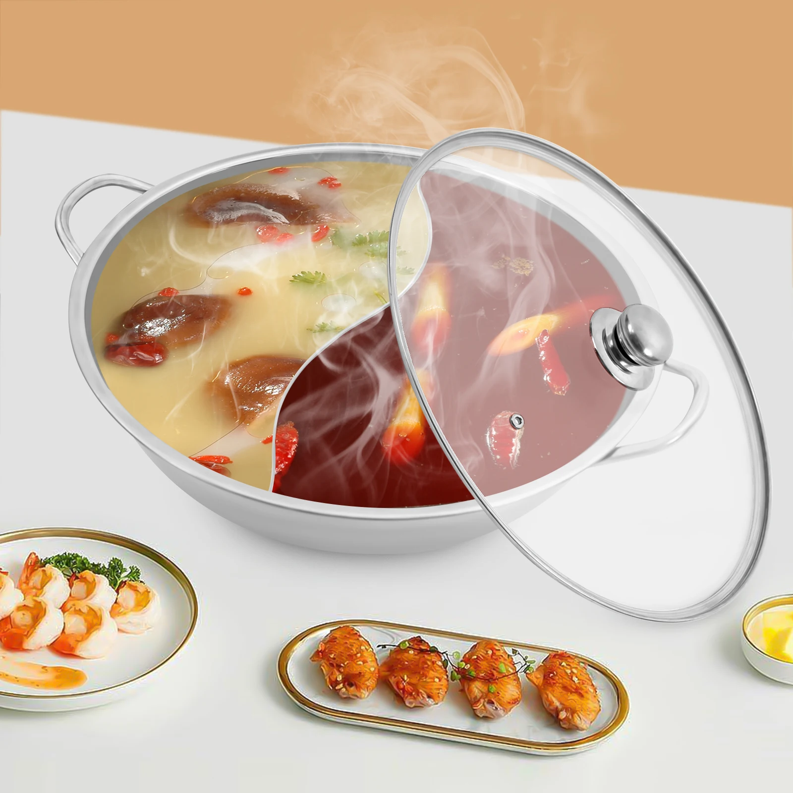 

34cm Stainless Steel Shabushabu Pot with Glass Lid Compatible Double-flavor Cookware Set Kitchen Cooker