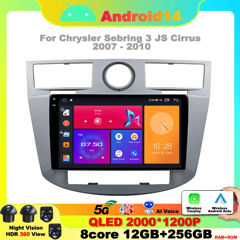 

Автомобильное радио для Chrysler Sebring 3 JS Cirrus 2007-2010 QLED Navi GPS Стерео Авто Android 14 No 2 Din DVD CarPlay Головное устройство 4G