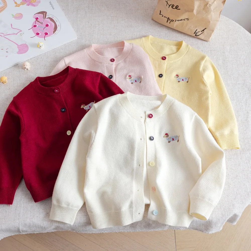2026 Spring Korean Style Girls Knit Cardigan, Sweet Cartoon Puppy Embroidery Crew Neck Single Breasted Fashion Sweater Outerwear