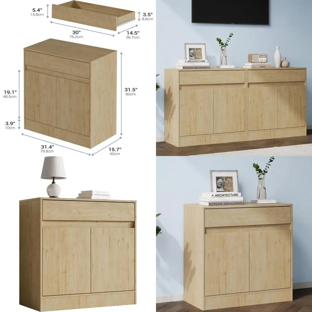 

Natural Wood 2-Door Buffet Cabinet with Drawer, Adjustable Shelf Coffee Bar, Modern Sideboard for Living & Kitchen Spaces