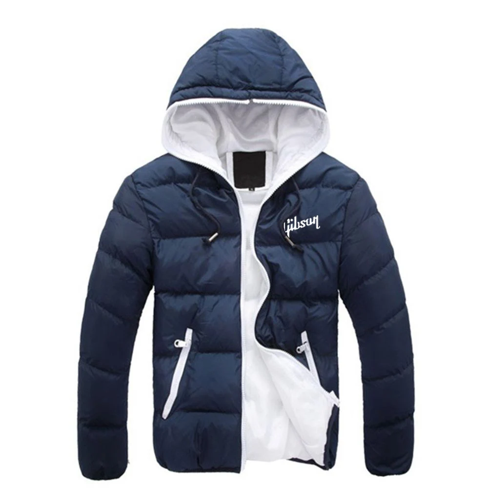 2023 New Men Gibson Printing Fashion Winter Zipper Hoodie Tops Cotton Down Jacket Sweatshirts Padded Slim Casual Warmer Man Coat