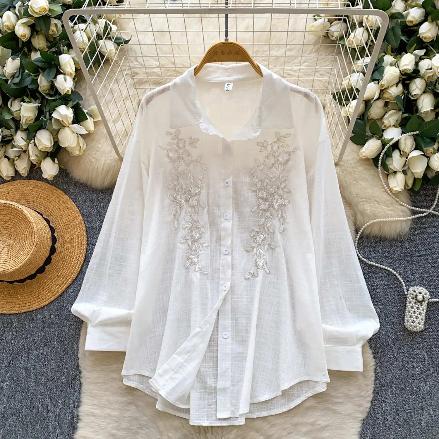 

White Blouses Women Tops Shirt Solid Turn Down Collar Full Sleeve Y2k Streetwear Elegant Splice Shirts Casual Loose Spring 2026
