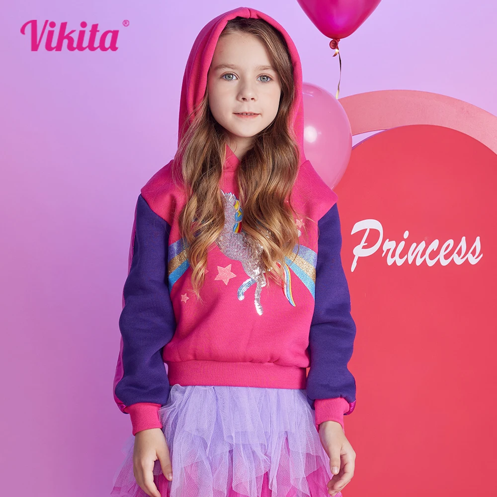 

VIKITA Girls Cotton Casual Hoodies Kids Unicorn Star Cartoon Print Autumn Winter Sports Hooded Outwear Children Clothes 3-12 Yrs