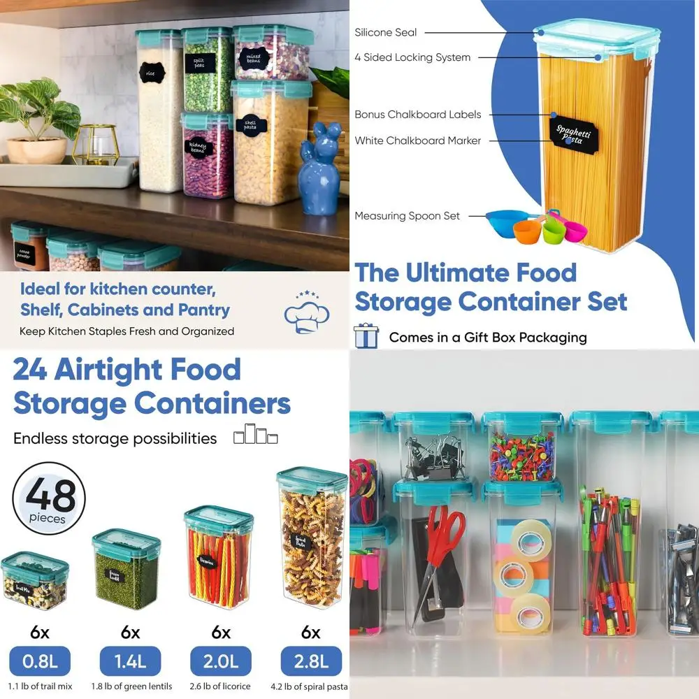 

Набор из 24-бирюзовых пластиковых контейнеров для хранения пищевых продуктов с крышками для кухни и кладовой — не содержит BPA, идеально подходит для сухих товаров и муки/сахара