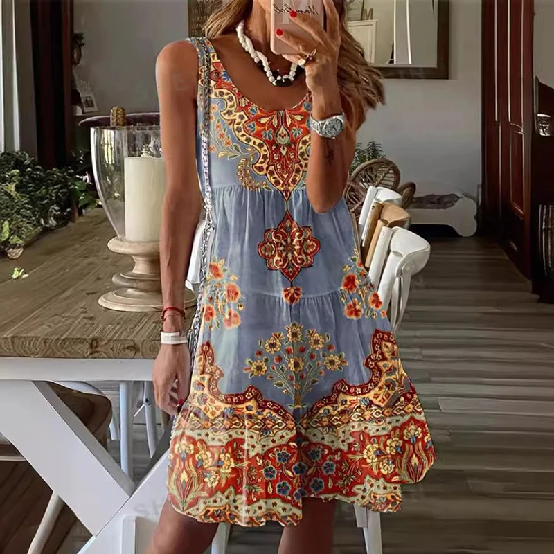 Bohemian Retro Sleeveless Mini Dress 2024 Summer Loose Ruffle Vacation Dress Women O-neck Pattern Print A-line Short Dress