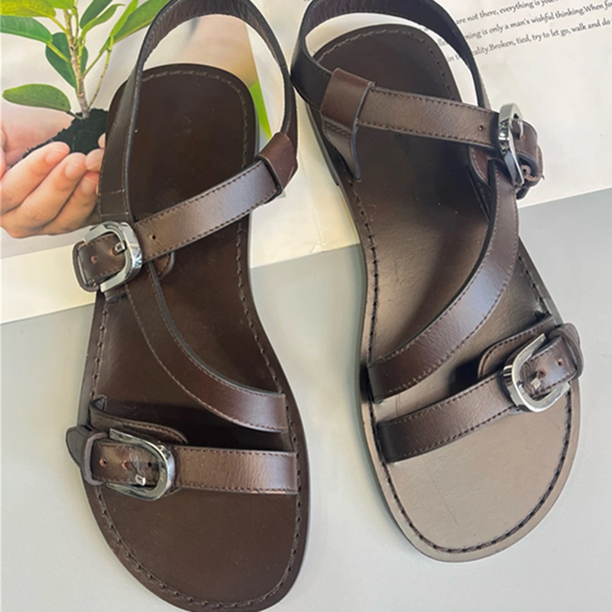 

Withered British Fashion Retro Roman Sandals Summer Cowhide Strap Flat Shoes For Women Cowhide Sandals