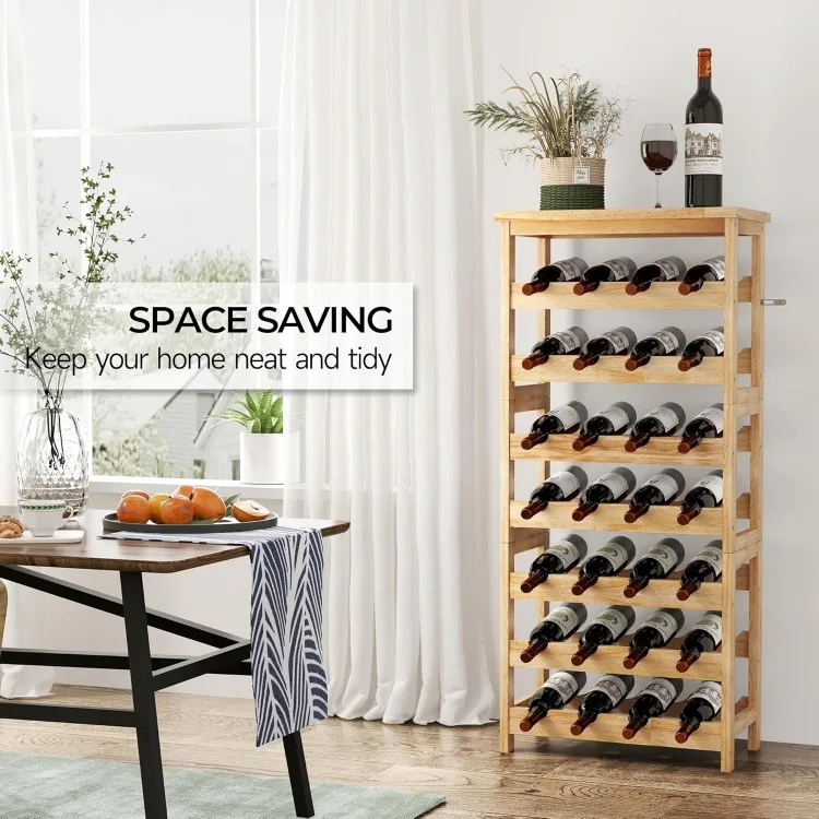 28-Bottle Wine Rack Free Standing Floor, Solid Wood 7-Tier Display Wine Storage Shelves with Tabletop, Wobble-Free Bottle Holder