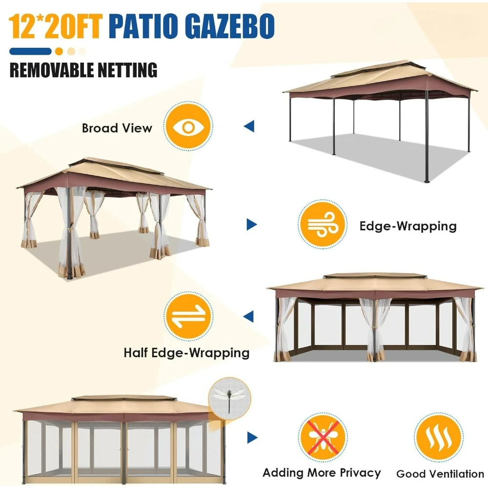 Gazebo 12x20, gazebo externo em folga com telhado plano duplo ventilado, cortinas de privacidade e mosquiteiro, barraca de dossel