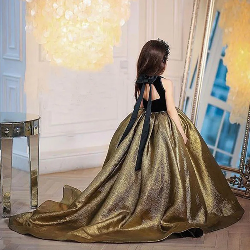 Elegant Girls Fancy Dress Black Golden Long Tail Frock Backless Design 2 to 14 Year Old Kids Party Gown For Child