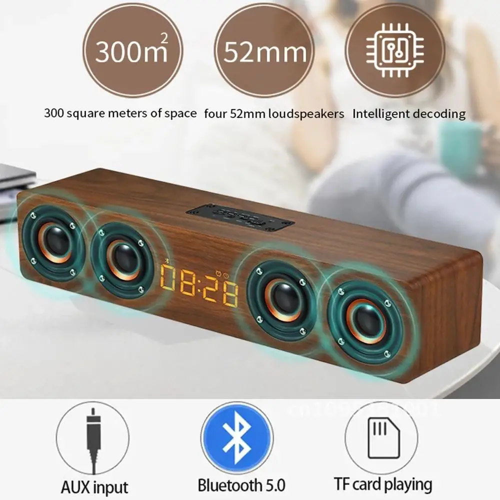 Rechargeable Wooden Decoration Clock with Bluetooth Soundbar Subwoofer Speaker FM E-sport Home or Alarm for Room Radio Game and