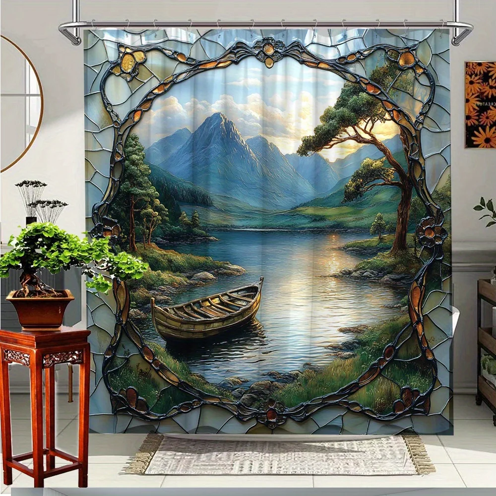 

Scenic Mountain Lake Shower Curtain with Colorful-Tranquil Natural Landscape Design Bathroom Decorative Shower Curtain