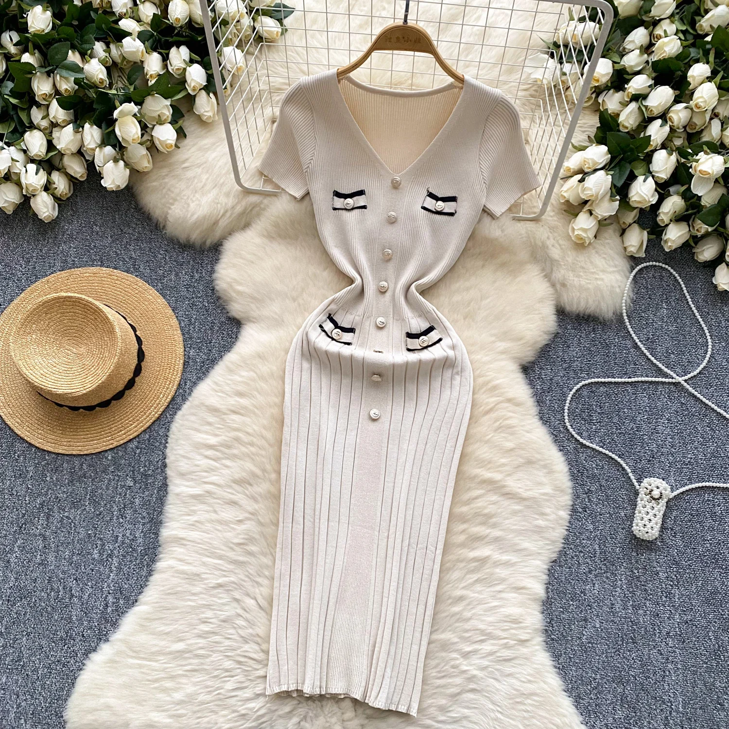 REALEFT 2025 New Summer Vintage Knitted Wrap Dresses Short Sleeve V-neck Buttons Patchwork Sheath Pencil Slim Dress for Womens