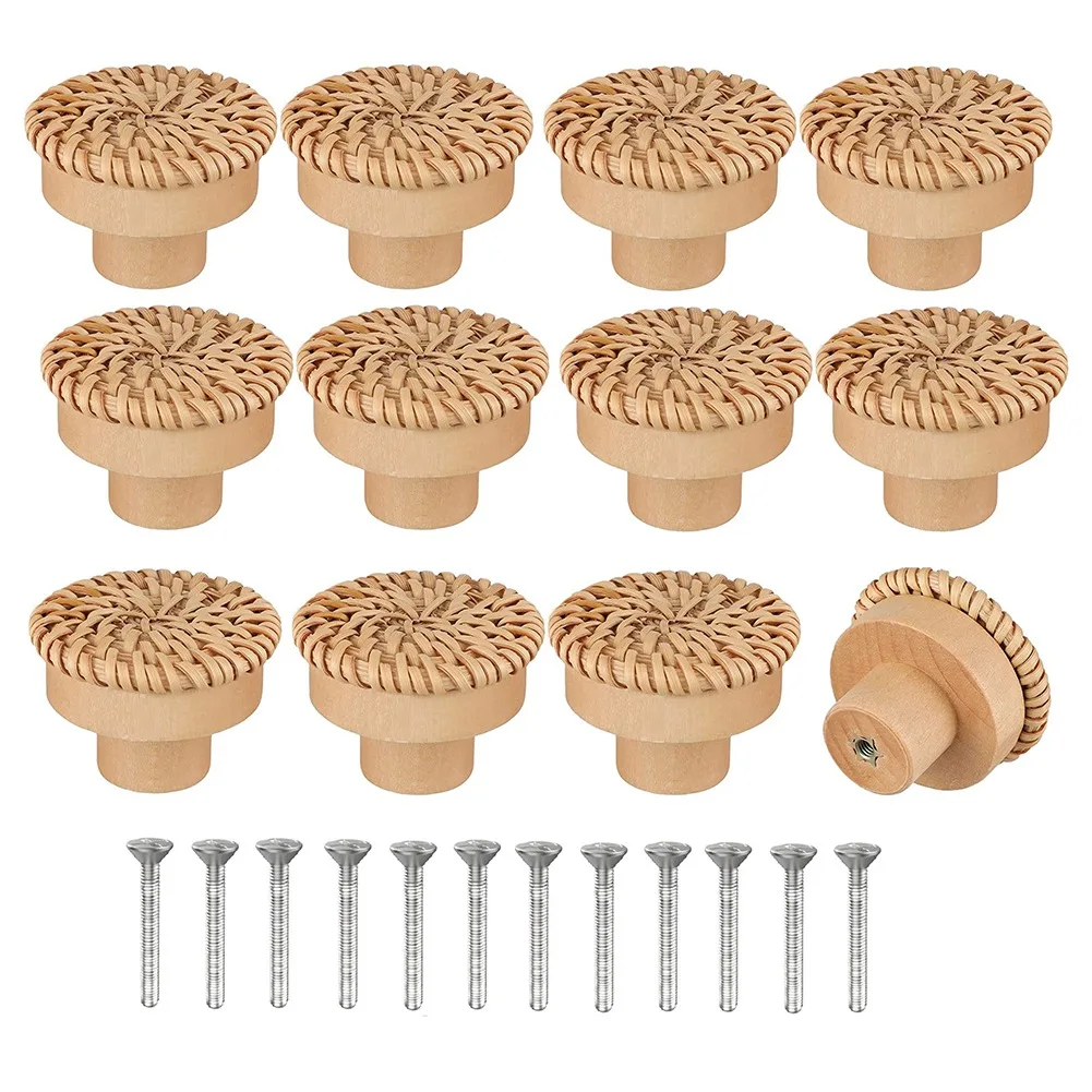 Boho Rattan Dresser Knobs Round Wooden Drawer Knobs Handmade Wicker Woven and Screws for Boho Furniture Knobs 12Pcs