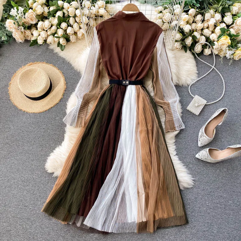 

2023 Spring Summer Designer Contrast Color Patchwork Mesh Shirt Dress Women Long Sleeve Single Breasted Sashes Midi Vestidos