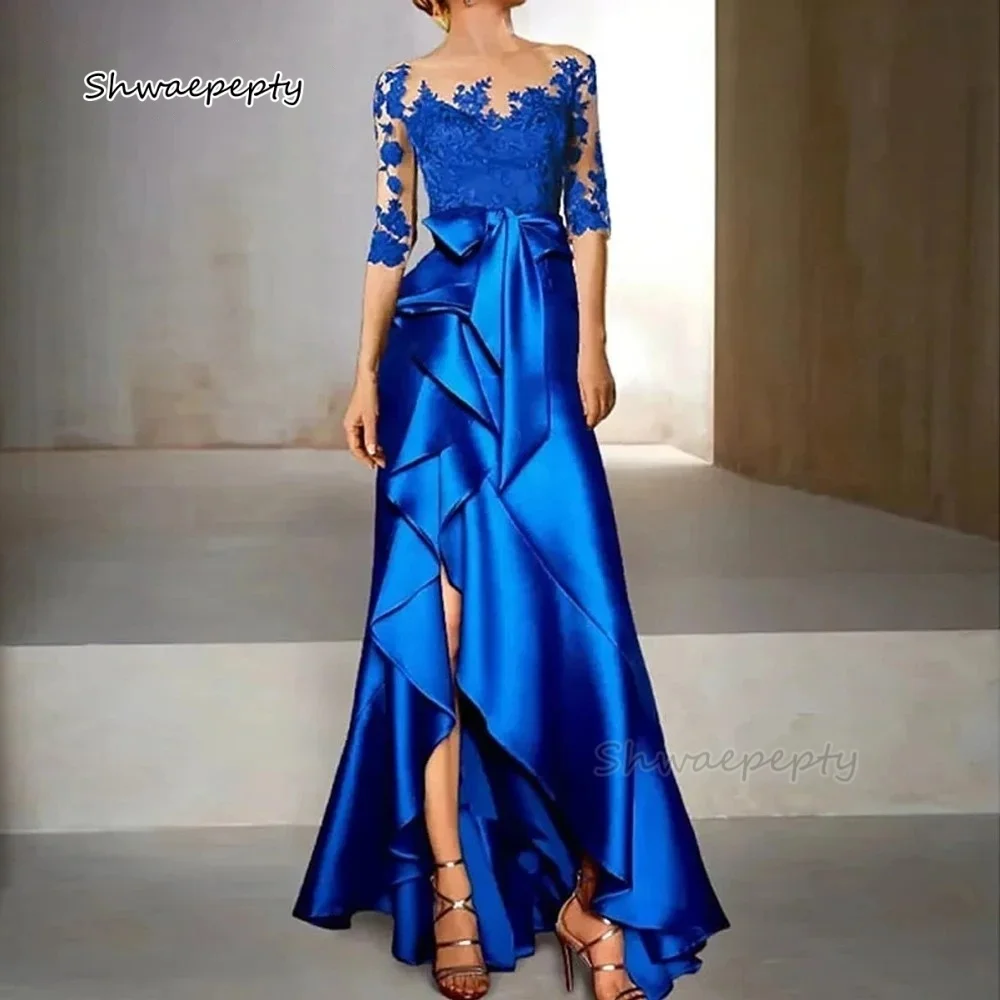 

Blue Trumpet Mother Of The Bride Dress Lace Appliques Sheer Neck Half Sleeves Front Split Women Wedding Party Gown Customized