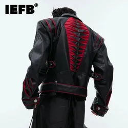 IEFB Niche Deconstruction Pleated Design Short PU Leather Jacket Splicing Motorcycle 2024 Contrast Color Darkwear Coat 24E1820