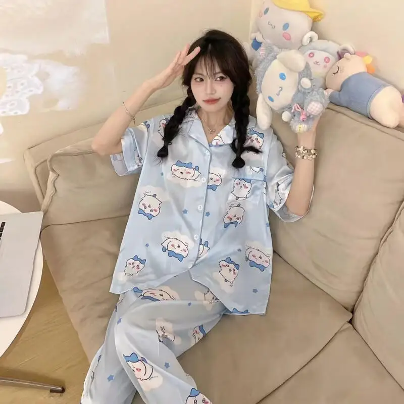 

Женская пижама с героями мультфильмов аниме Chiikawa, милая кавайная одежда для сна для девочек, студенческая хлопковая домашняя одежда, теплые модные брюки с длинными рукавами