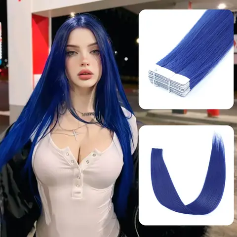 Blue 26 Inch Tape in Hair Extensions 20Pcs Synthetic Straight Hair Invisible Colorful Extensions for Women Pink Violet Red