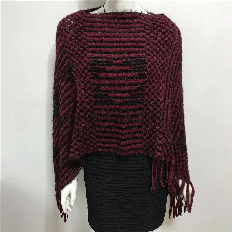 2024 Spring Autumn New V-neck Diamond Stripe Tassel Cloak Female Sweater Women Knitting Poncho Cape Pullover Shawl Red